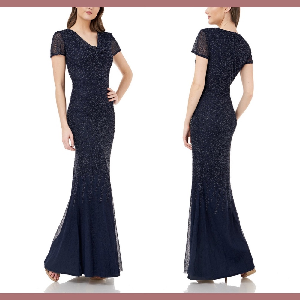 NWT JS Collection Cowl Neck Beaded Mesh Gown 16
